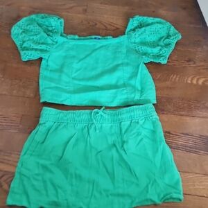 Green Puff Sleeve Top and Skirt Set